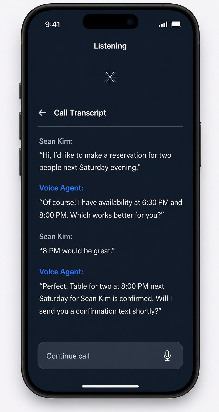 Flowkei Line voice agent on a phone showing a live call transcript: a customer making a reservation and the AI confirming the booking