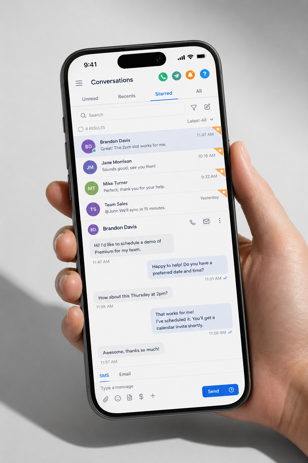 A hand holding a phone showing the Flowkei Line conversations inbox with starred SMS threads and a live booking chat